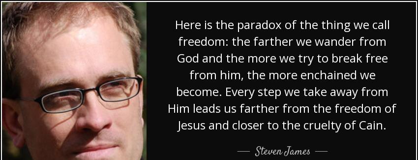quote here is the paradox of the thing we call freedom the farther we wander from god and steven james Quotes