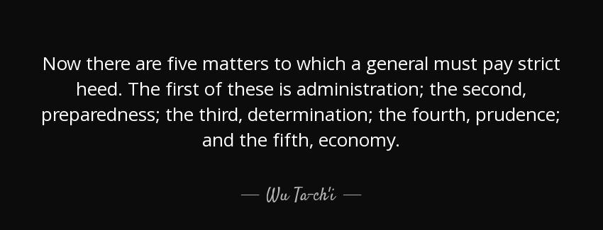 quote now there are five matters to which a general must pay strict heed the first of these wu ta ch i Quotes