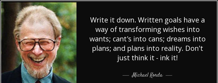 quote write it down written goals have a way of transforming wishes into wants cant s into michael korda Quotes