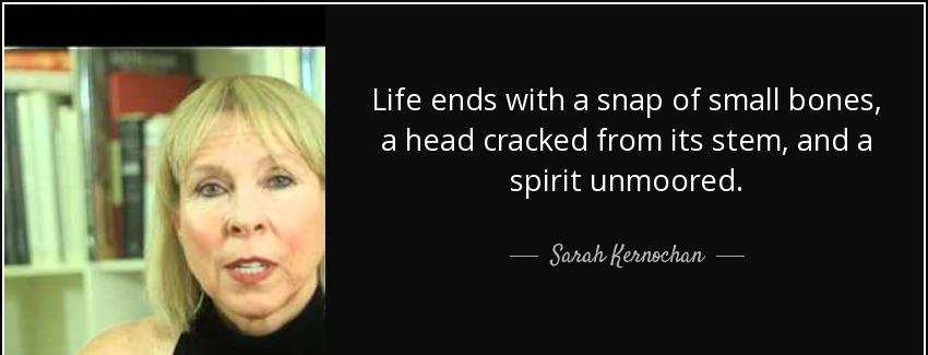 quote life ends with a snap of small bones a head cracked from its stem and a spirit unmoored sarah kernochan Quotes