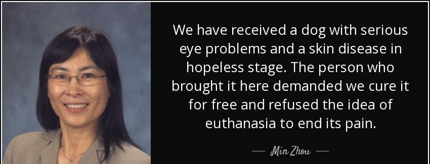 quote we have received a dog with serious eye problems and a skin disease in hopeless stage min zhou Quotes